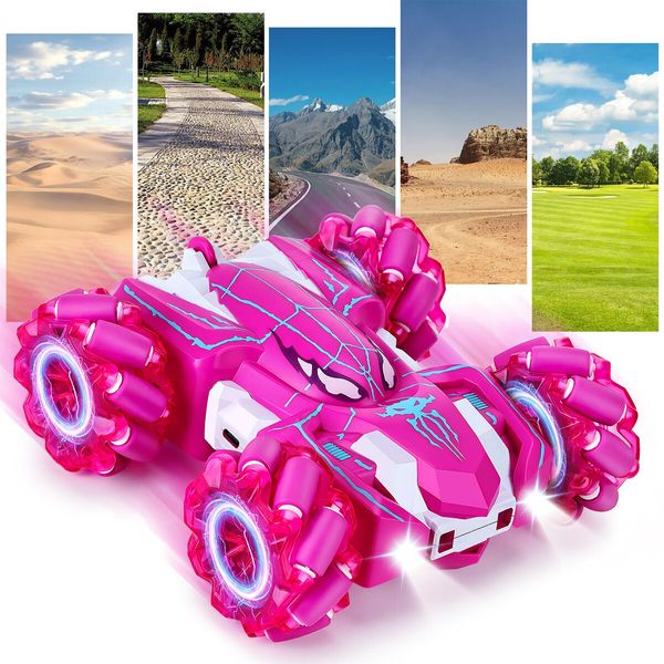 Spider Remote Control Car,2.4Ghz 360 Degrees Rotating Double Sided RC Stunt Cars with Cool Headlights,Rechargeable 4WD Off Road Drift Toys Age3+ (Pink)