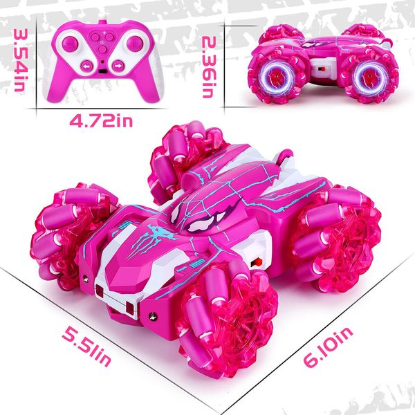 Spider Remote Control Car,2.4Ghz 360 Degrees Rotating Double Sided RC Stunt Cars with Cool Headlights,Rechargeable 4WD Off Road Drift Toys Age3+ (Pink)