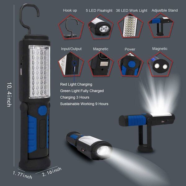 Portable LED Multi-Use Magnetic Flashlight with Hanging Hook, Waterproof Work Flashlight for Car Repair Household Blackout and Emergency (Blue)