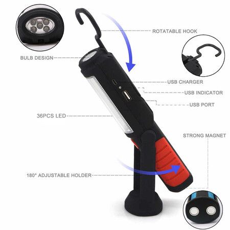 Portable LED Multi-Use Magnetic Flashlight with Hanging Hook, Waterproof Work Flashlight for Car Repair Household Blackout and Emergency (Red)