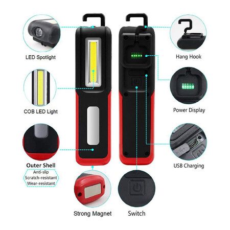 Rechargeable LED Work Light with Magnetic Base Portable Task Inspection Trouble Lights Lamp (Red)