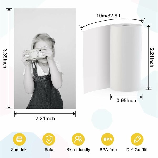 6 Rolls Adhesive Instant Print Refill Paper BPA-Free Thermal Photo Graphic Paper Suitable Kids Camera Long-Lasting Adhesive Photo 57*30mm 3.5 Meters Length