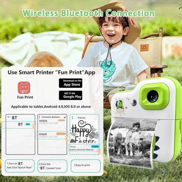 24Mp HD Instant Print Dual Digital Cameras Video Recording with 3 rolls paper Fun Birthday Christmas Kids Gifts Dino