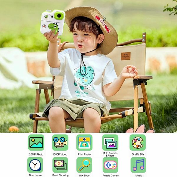 24Mp HD Instant Print Dual Digital Cameras Video Recording with 3 rolls paper Fun Birthday Christmas Kids Gifts Dino