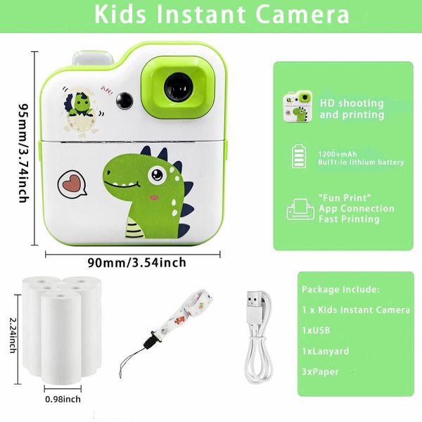 24Mp HD Instant Print Dual Digital Cameras Video Recording with 3 rolls paper Fun Birthday Christmas Kids Gifts Dino