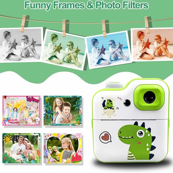 24Mp HD Instant Print Dual Digital Cameras Video Recording with 3 rolls paper Fun Birthday Christmas Kids Gifts Dino