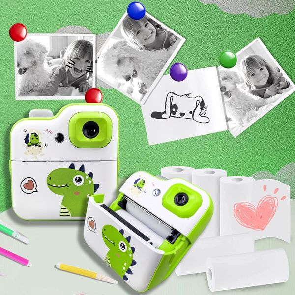 24Mp HD Instant Print Dual Digital Cameras Video Recording with 3 rolls paper Fun Birthday Christmas Kids Gifts Dino