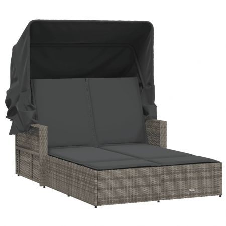 Double Sun Lounger with Canopy and Cushions Grey Poly Rattan