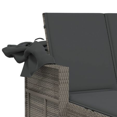 Double Sun Lounger with Canopy and Cushions Grey Poly Rattan