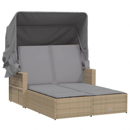 Double Sun Lounger with Canopy and Cushions Mix Beige Poly Rattan