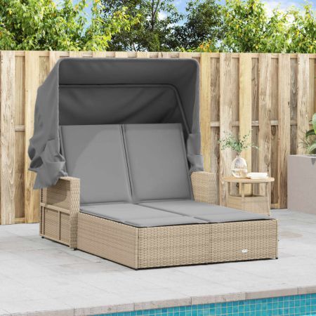 Double Sun Lounger with Canopy and Cushions Mix Beige Poly Rattan