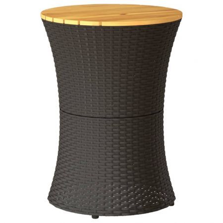 Garden Side Table Drum Shape Black Poly Rattan and Solid Wood