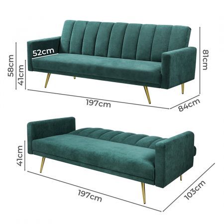 Sofa Bed Convertible Velvet Lounge Recliner Couch Sleeper 3 Seater Green