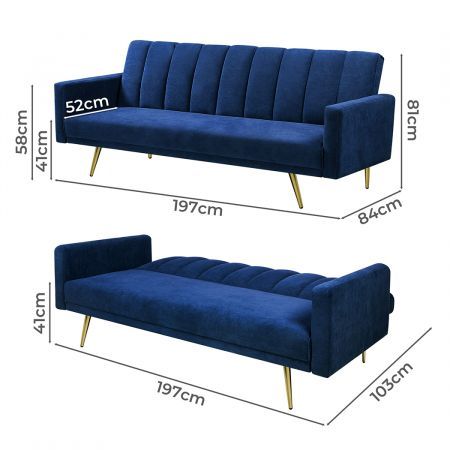 Sofa Bed Convertible Velvet Lounge Recliner Couch Sleeper 3 Seater Blue