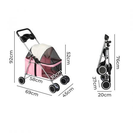 Pet Stroller Dog Cat Carrier Foldable Pink