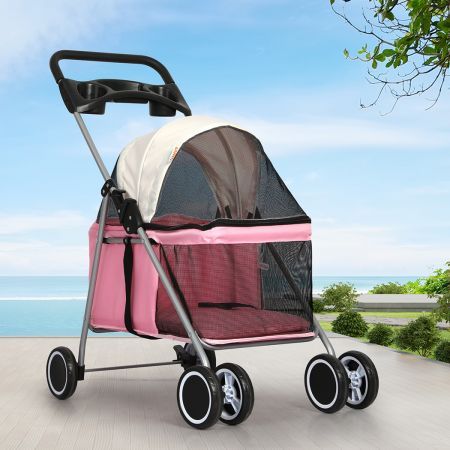 Pet Stroller Dog Cat Carrier Foldable Pink