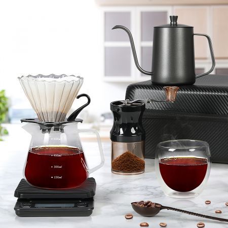 Pour Over Coffee Maker Set Dripper Pot Kettle Filter with Grinder