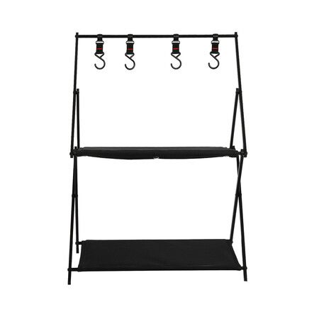 Foldable Camping Storage Shelves 2 Layer with Hooks Black