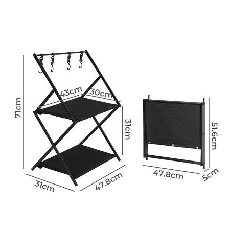 Foldable Camping Storage Shelves 2 Layer with Hooks Black