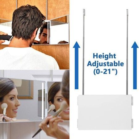 3 Way Mirror for Hair Cutting with LED,360 Trifold Mirror with Height Adjustable Telescoping Hooks,for Makeup,Hair Styling (White)