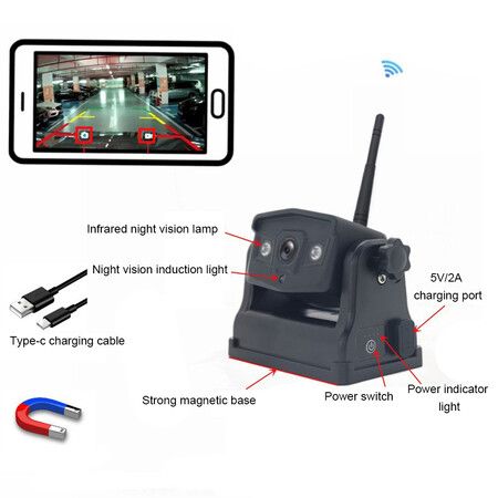 Wireless WiFi Reversing Car Camera Magnetic Rearview Rechargeable For iPhone Android