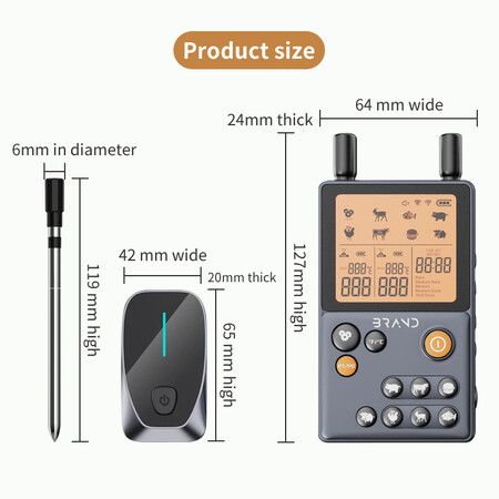 Wireless Meat Thermometer, 195FT Digital Meat Thermometer Wireless with 2 Meat Probes, Pre-Programmed and Smart Alert for BBQ Oven Grill Smoker Rotisserie Sous Vide