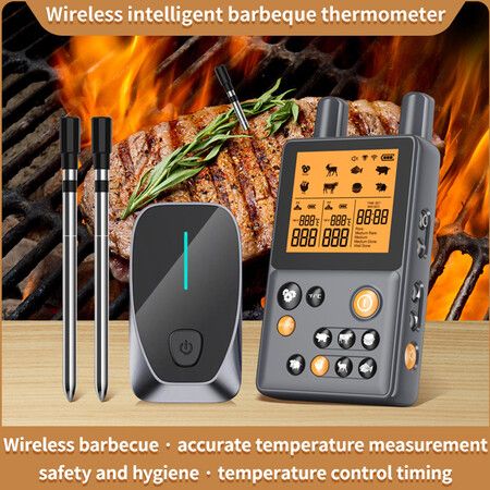 Wireless Meat Thermometer, 195FT Digital Meat Thermometer Wireless with 2 Meat Probes, Pre-Programmed and Smart Alert for BBQ Oven Grill Smoker Rotisserie Sous Vide