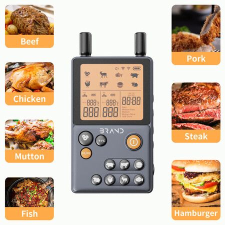 Wireless Meat Thermometer, 195FT Digital Meat Thermometer Wireless with 2 Meat Probes, Pre-Programmed and Smart Alert for BBQ Oven Grill Smoker Rotisserie Sous Vide