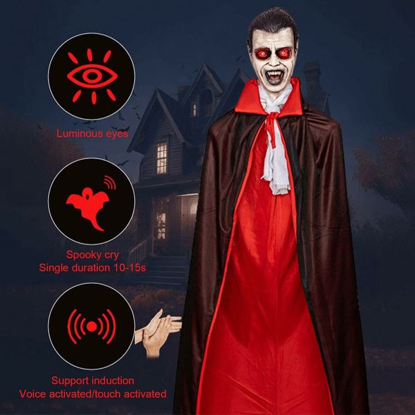 Voice Activated Vampire Prop with Glowing Cloak and Sounds Terrifying Halloween Hanging Decoration for Haunted Houses and Outdoor Parties