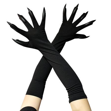 Pair of Halloween Cat Woman Long Nail Claw Gloves Black Sleeve Paw Gloves for Women Girls Cosplay Party Props