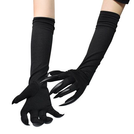 Pair of Halloween Cat Woman Long Nail Claw Gloves Black Sleeve Paw Gloves for Women Girls Cosplay Party Props