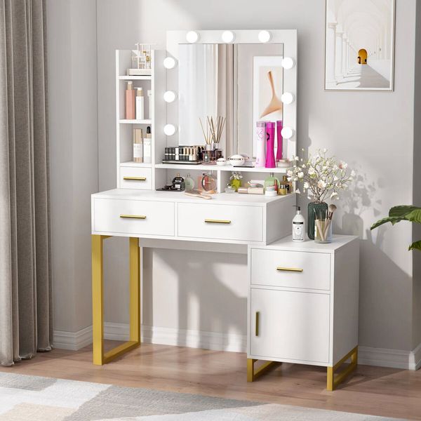 Hollywood Mirror Makeup Table Vanity Dressing Desk Dresser Bedroom Furniture with 9 LED Lights 4 Drawers Storage Shelves 3 Lighting Colours