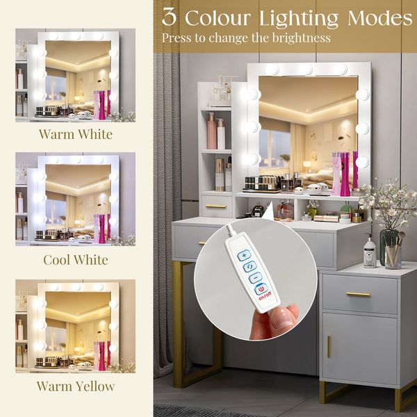 Hollywood Mirror Makeup Table Vanity Dressing Desk Dresser Bedroom Furniture with 9 LED Lights 4 Drawers Storage Shelves 3 Lighting Colours