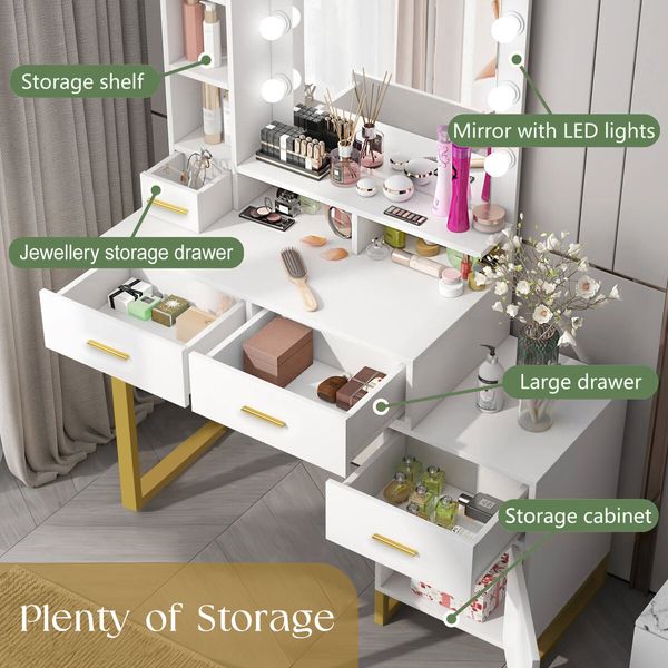 Hollywood Mirror Makeup Table Vanity Dressing Desk Dresser Bedroom Furniture with 9 LED Lights 4 Drawers Storage Shelves 3 Lighting Colours