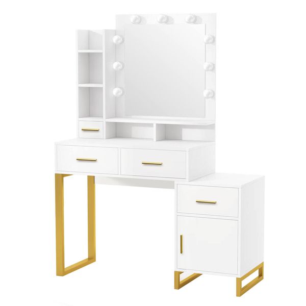 Hollywood Mirror Makeup Table Vanity Dressing Desk Dresser Bedroom Furniture with 9 LED Lights 4 Drawers Storage Shelves 3 Lighting Colours