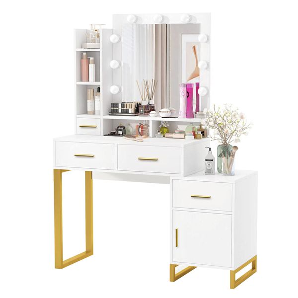 Hollywood Mirror Makeup Table Vanity Dressing Desk Dresser Bedroom Furniture with 9 LED Lights 4 Drawers Storage Shelves 3 Lighting Colours