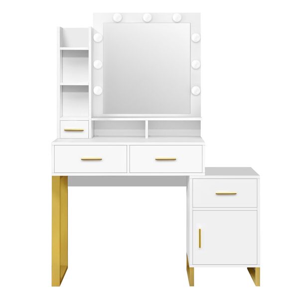 Hollywood Mirror Makeup Table Vanity Dressing Desk Dresser Bedroom Furniture with 9 LED Lights 4 Drawers Storage Shelves 3 Lighting Colours