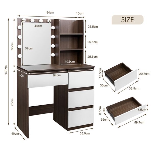 Hollywood Vanity Table Dressing Makeup Desk Modern Dresser Bedroom Furniture with 12 LED Lighted Mirror 4 Drawers 3 Compartments