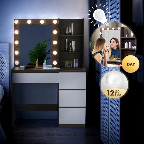 Hollywood Vanity Table Dressing Makeup Desk Modern Dresser Bedroom Furniture with 12 LED Lighted Mirror 4 Drawers 3 Compartments