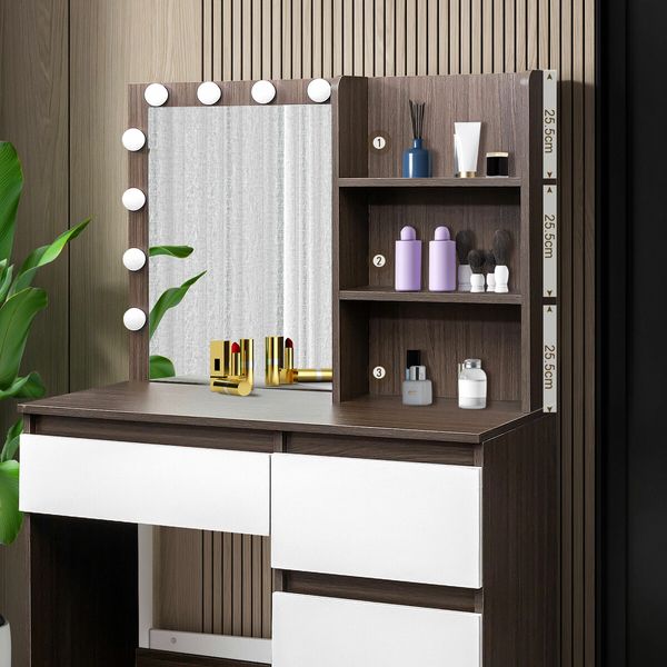 Hollywood Vanity Table Dressing Makeup Desk Modern Dresser Bedroom Furniture with 12 LED Lighted Mirror 4 Drawers 3 Compartments