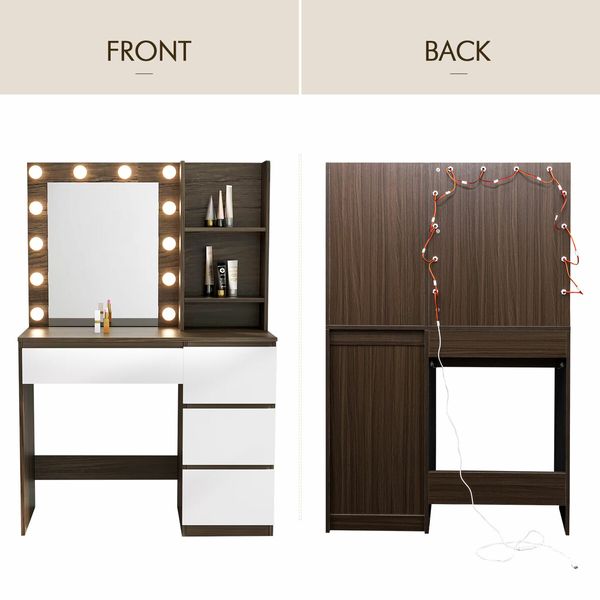 Hollywood Vanity Table Dressing Makeup Desk Modern Dresser Bedroom Furniture with 12 LED Lighted Mirror 4 Drawers 3 Compartments