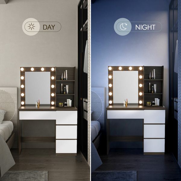 Hollywood Vanity Table Dressing Makeup Desk Modern Dresser Bedroom Furniture with 12 LED Lighted Mirror 4 Drawers 3 Compartments