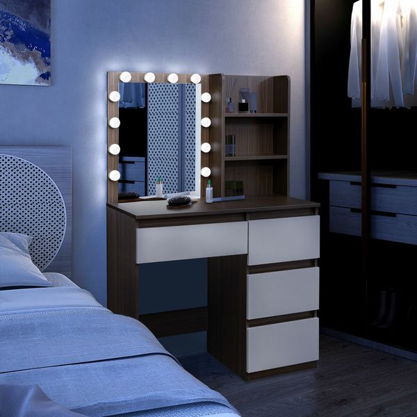 Hollywood Vanity Table Dressing Makeup Desk Modern Dresser Bedroom Furniture with 12 LED Lighted Mirror 4 Drawers 3 Compartments