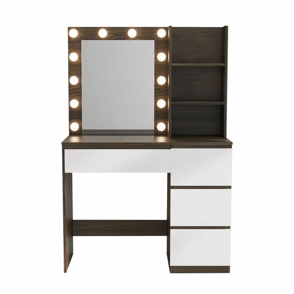 Hollywood Vanity Table Dressing Makeup Desk Modern Dresser Bedroom Furniture with 12 LED Lighted Mirror 4 Drawers 3 Compartments