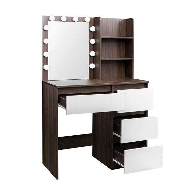 Hollywood Vanity Table Dressing Makeup Desk Modern Dresser Bedroom Furniture with 12 LED Lighted Mirror 4 Drawers 3 Compartments