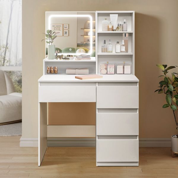 Makeup Vanity Table Dressing Desk White Dresser Modern Bedroom Furniture with Mirror LED Light Strip 4 Drawers 3 Compartments 3 Lighting Colours