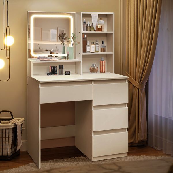 Makeup Vanity Table Dressing Desk White Dresser Modern Bedroom Furniture with Mirror LED Light Strip 4 Drawers 3 Compartments 3 Lighting Colours