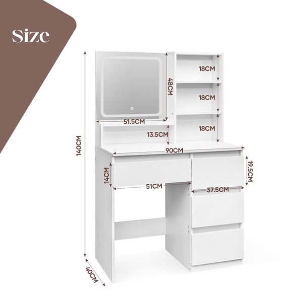 Makeup Vanity Table Dressing Desk White Dresser Modern Bedroom Furniture with Mirror LED Light Strip 4 Drawers 3 Compartments 3 Lighting Colours