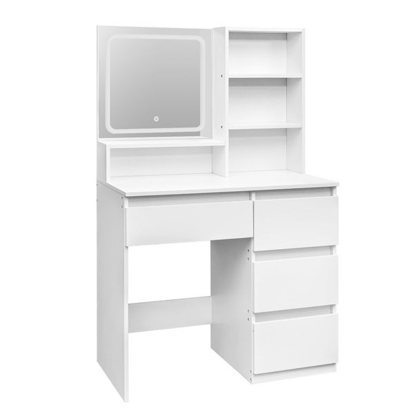 Makeup Vanity Table Dressing Desk White Dresser Modern Bedroom Furniture with Mirror LED Light Strip 4 Drawers 3 Compartments 3 Lighting Colours