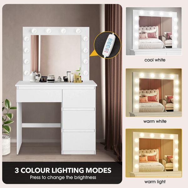 Hollywood Vanity Dresser Table Makeup Dressing Desk White Modern Bedroom Furniture with 12 LED Lighted Mirror 3 Lighting Colours 4 Drawers